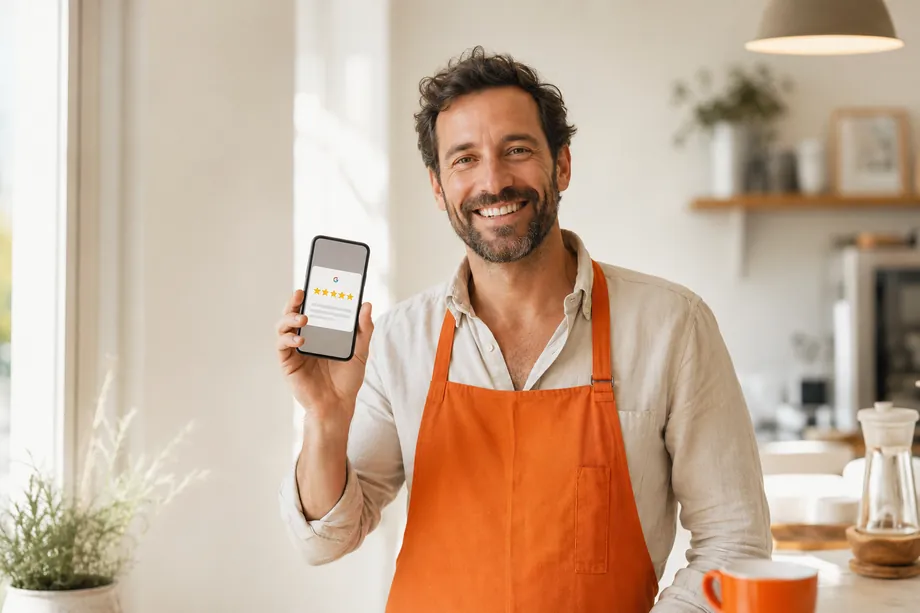 Local business owner smiling while showing 5-star reviews on their phone